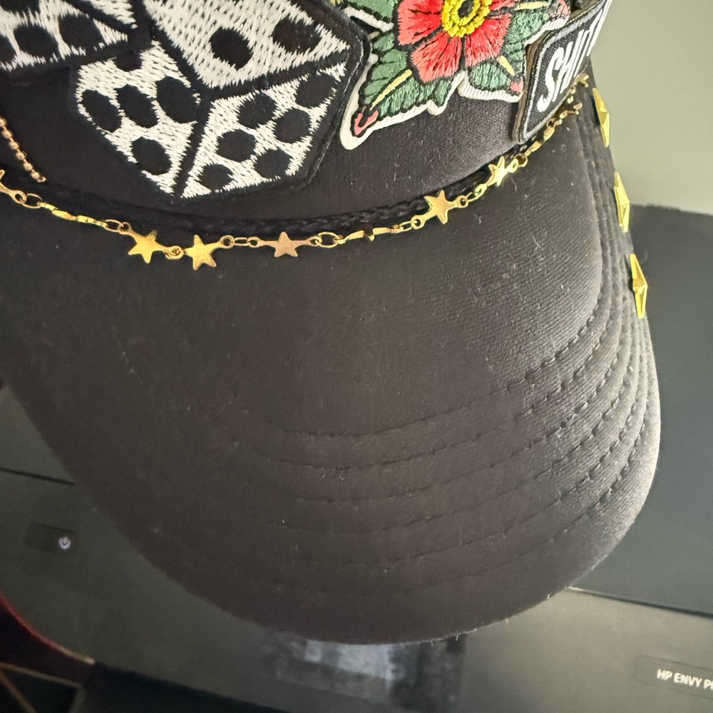 Custom Made Black Cap with Embroidered Patches *NEW WITHOUT TAGS* - Picture 5 of 16